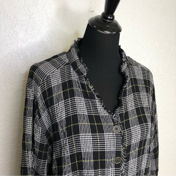Habitat black white plaid gauze cotton raw hem button tunic top size Large - Picture 2 of 16
